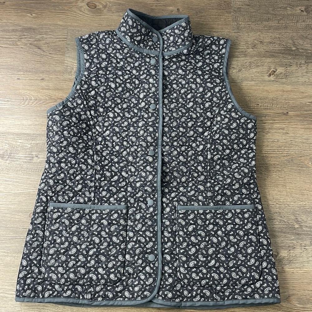 Lands’s End Women’s Reversible Quilted Vest, Black/Grey, Floral, size medium